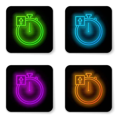 Parlayan neon hattı Stopwatch simgesi beyaz arkaplanda izole edildi. Zaman göstergesi. Kronometre işareti. Siyah kare düğme. Vektör İllüstrasyonu
