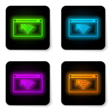 Parlayan neon hattı Beyaz arkaplanda internet bağlantısı simgesi yok. Kablosuz ağ ya da uzaktan internet erişimi için işaret yok. Siyah kare düğme. Vektör İllüstrasyonu