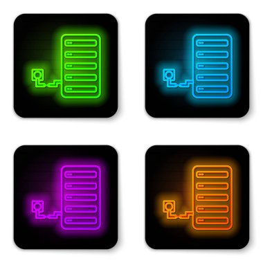 Parlayan neon hattı sunucu simgesi beyaz arkaplanda izole edildi. Uygulama, servis konsepti, ayar seçenekleri, bakım, onarım, onarım. Siyah kare düğme. Vektör İllüstrasyonu