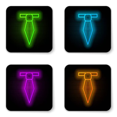 Parlayan neon çizgisi. Beyaz arkaplanda bağ simgesi izole edildi. Boyunbağı ve boyun bezi sembolü. Siyah kare düğme. Vektör İllüstrasyonu