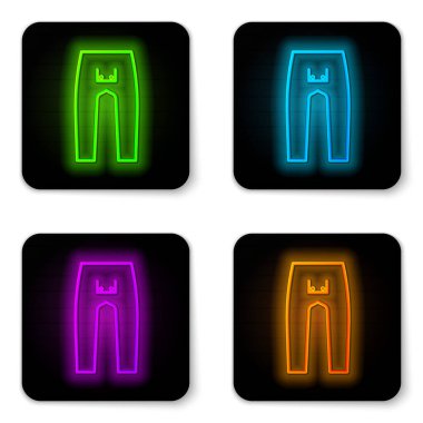 Parlayan neon çizgili pantolon simgesi beyaz arkaplanda izole edildi. Siyah kare düğme. Vektör İllüstrasyonu