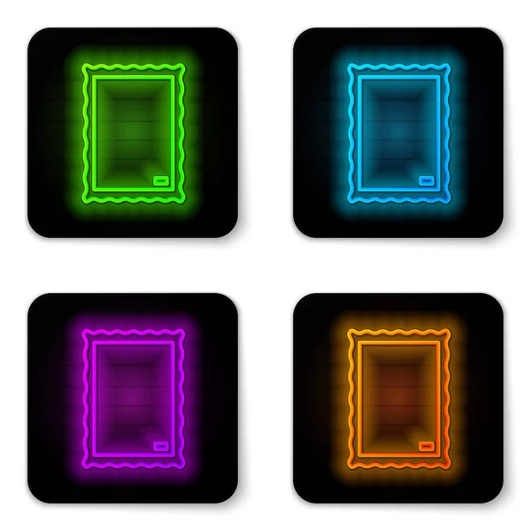 Glowing neon line Picture icon isolated on white background. Black square button. Vector Illustration — 스톡 벡터