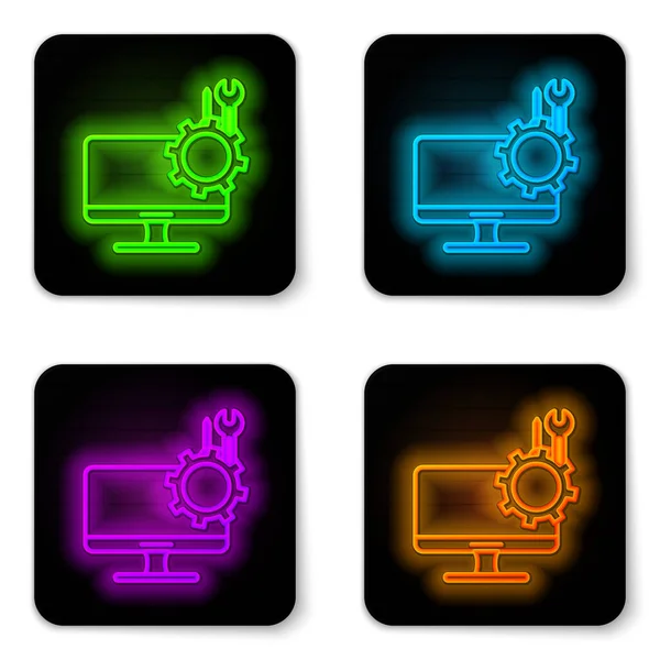 Glowing neon line Computer monitor with screwdriver and wrench icon isolated on white background. Adjusting, service, setting, maintenance, repair. Black square button. Vector Illustration — Stock Vector