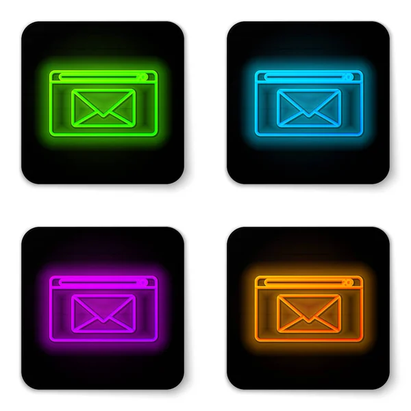 Glowing neon line Mail and e-mail icon isolated on white background. Envelope symbol e-mail. Email message sign. Black square button. Vector Illustration — 스톡 벡터