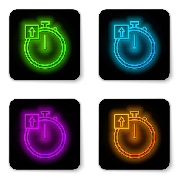 Gloeiende neon lijn Stopwatch pictogram geïsoleerd op witte achtergrond. Tijdklok teken. Chronometerteken. Zwarte vierkante knop. Vector Illustratie — Stockvector