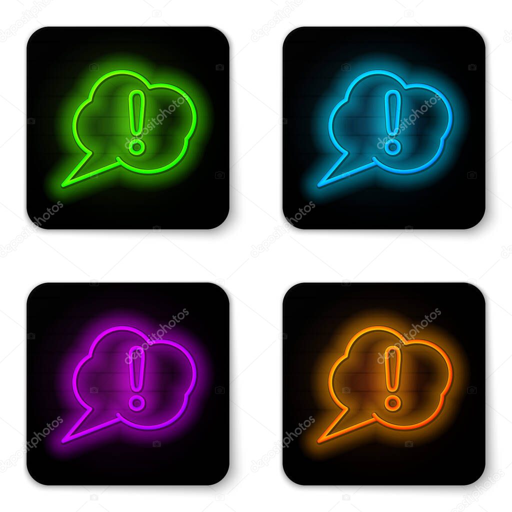 Glowing neon line Speech bubble and Exclamation icon isolated on white background. FAQ sign. Copy files, chat speech bubble and chart. Black square button. Vector Illustration