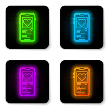 Beyaz arka planda kalp ikonu izole edilmiş parlak neon hattı cep telefonu. Sevgililer Günü. Siyah kare düğme. Vektör İllüstrasyonu