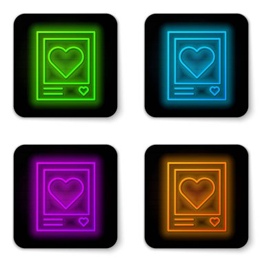 Parlayan neon hattı beyaz arkaplanda izole edilmiş fotoğraf çerçeveleri ve kalp simgeleri. Sevgililer Günü sembolü. Siyah kare düğme. Vektör İllüstrasyonu
