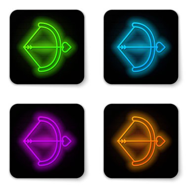Parlayan neon çizgisi ok ve yay simgesi beyaz arkaplanda izole edildi. Aşk tanrısı sembolü. Aşk işareti. Sevgililer Günü konsepti. Siyah kare düğme. Vektör İllüstrasyonu
