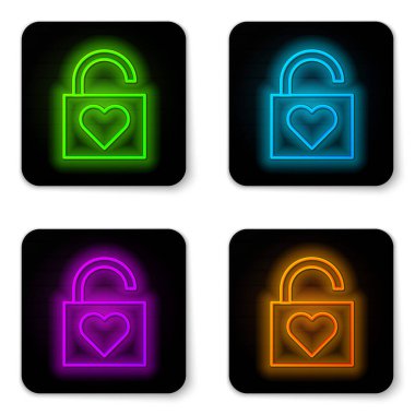 Parlayan neon hattı Kilit ve kalp simgesi beyaz arkaplanda izole edildi. Kilitli Kalp. Aşk sembolü ve anahtar deliği işareti. Sevgililer Günü sembolü. Siyah kare düğme. Vektör İllüstrasyonu