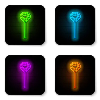 Parlayan neon hattı lolipop simgesi beyaz arkaplanda izole edildi. Şeker işareti. Yemek, lezzetli bir sembol. Sevgililer Günü. Aşk sembolü. Siyah kare düğme. Vektör İllüstrasyonu