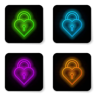 Beyaz arka planda izole edilmiş kalp simgesi şeklinde parlayan neon hattı Castle. Kilitli Kalp. Aşk sembolü ve anahtar deliği işareti. Siyah kare düğme. Vektör İllüstrasyonu