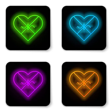 Parlayan neon çizgisi kalp şeklindeki Candy ve yay simgesi beyaz arka planda izole edildi. Sevgililer Günü. Siyah kare düğme. Vektör İllüstrasyonu