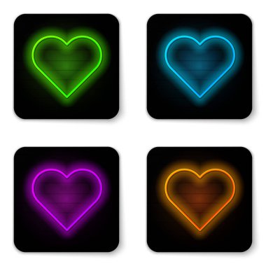 Parlayan neon çizgisi kalp simgesi beyaz arkaplanda izole edildi. Romantik sembol, bağlanma, tutku ve düğün. Sevgililer Günü sembolü. Siyah kare düğme. Vektör İllüstrasyonu