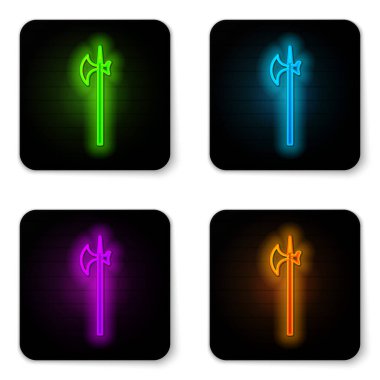 Parlayan neon hattı Ortaçağ Halberd simgesi beyaz arkaplanda izole edildi. Ortaçağ silahı. Siyah kare düğme. Vektör İllüstrasyonu