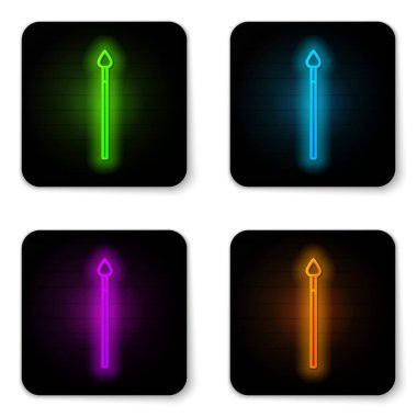 Parlayan neon hattı Ortaçağ mızrak simgesi beyaz arkaplanda izole edildi. Ortaçağ silahı. Siyah kare düğme. Vektör İllüstrasyonu