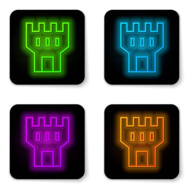 Parlayan neon hattı Castle kulesi simgesi beyaz arkaplanda izole edildi. Kale işareti. Siyah kare düğme. Vektör İllüstrasyonu