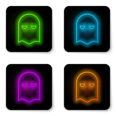 Parlayan neon çizgisi İnfaz Maskesi simgesi beyaz arkaplanda izole edildi. Cellat, işkenceci, uygulayıcı, işkenceci, kasap, cellat ikonu. Siyah kare düğme. Vektör İllüstrasyonu