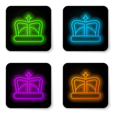 Parlayan neon hattı beyaz arka planda Kral Crown simgesi izole edildi. Siyah kare düğme. Vektör İllüstrasyonu