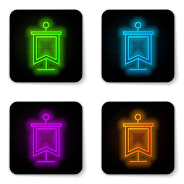 Parlayan neon hattı Ortaçağ bayrağı simgesi beyaz arkaplanda izole edildi. Bir kral ya da kraliçe tarafından yönetilen ülke, devlet ya da bölge. Siyah kare düğme. Vektör İllüstrasyonu