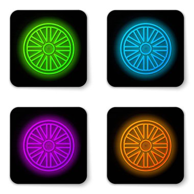 Parlayan neon hattı beyaz arka planda izole edilmiş eski ahşap tekerlek simgesi. Siyah kare düğme. Vektör İllüstrasyonu