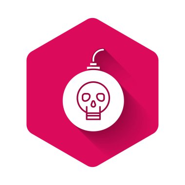 Beyaz Bomba, uzun gölgeli ikonu patlatmaya hazır. Mutlu Cadılar Bayramı Partisi. Pembe altıgen düğmesi. Vektör İllüstrasyonu