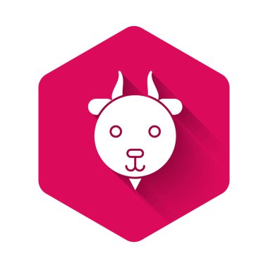 Beyaz Koç burcu simgesi uzun gölgeli izole edilmiş. Astrolojik yıldız falı koleksiyonu. Pembe altıgen düğmesi. Vektör İllüstrasyonu