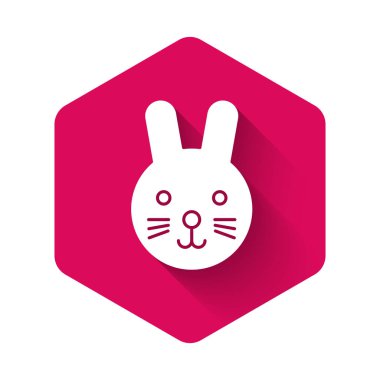 Beyaz Tavşan burç simgesi uzun gölgeli izole edilmiş. Astrolojik yıldız falı koleksiyonu. Pembe altıgen düğmesi. Vektör İllüstrasyonu