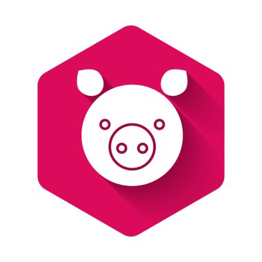 Beyaz Domuz burç simgesi uzun gölgeli izole edilmiş. Astrolojik yıldız falı koleksiyonu. Pembe altıgen düğmesi. Vektör İllüstrasyonu