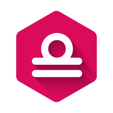 Beyaz Terazi burcu burcu simgesi uzun gölgeli. Astrolojik yıldız falı koleksiyonu. Pembe altıgen düğmesi. Vektör İllüstrasyonu