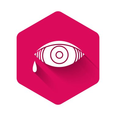 Viral, bakteriyel ya da alerjik konjonktivit ikonu nedeniyle uzun gölgeli beyaz göz. Pembe altıgen düğmesi. Vektör İllüstrasyonu