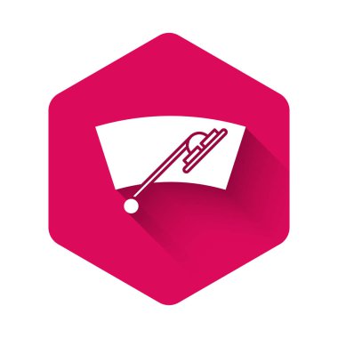 Beyaz cam sileceği simgesi uzun gölgeli izole edilmiş. Pembe altıgen düğmesi. Vektör İllüstrasyonu