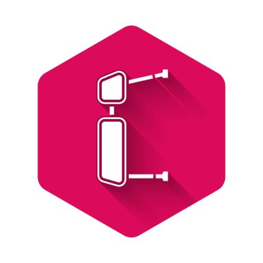 Beyaz Kamyon yan ayna ikonu uzun gölgeli izole edilmiş. Pembe altıgen düğmesi. Vektör İllüstrasyonu