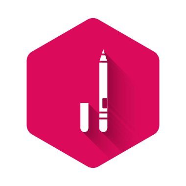 Beyaz göz kalemi, uzun gölgeli bir kaş ikonu. Gözler için kalem. Pembe altıgen düğmesi. Vektör İllüstrasyonu