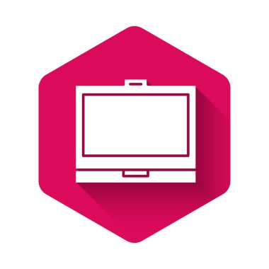 Aynalı beyaz makyaj tozu uzun gölgeli izole edilmiş. Pembe altıgen düğmesi. Vektör İllüstrasyonu