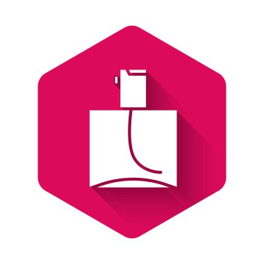 Uzun gölgeli beyaz parfüm ikonu. Pembe altıgen düğmesi. Vektör İllüstrasyonu