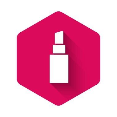 Uzun gölgeli beyaz ruj simgesi. Pembe altıgen düğmesi. Vektör İllüstrasyonu