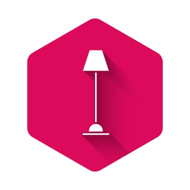 Beyaz zemin lamba ikonu uzun gölgeli. Pembe altıgen düğmesi. Vektör İllüstrasyonu