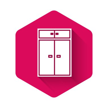 Beyaz Gardırop ikonu uzun gölgeli izole edilmiş. Pembe altıgen düğmesi. Vektör İllüstrasyonu