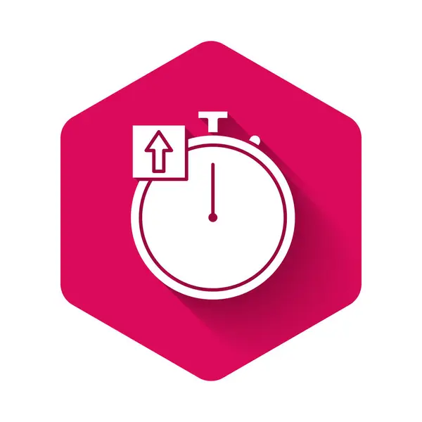 Weißes Stoppuhr-Symbol isoliert mit langem Schatten. Zeitzeichen. Chronometerzeichen. rosa Sechskantknopf. Vektorillustration — Stockvektor