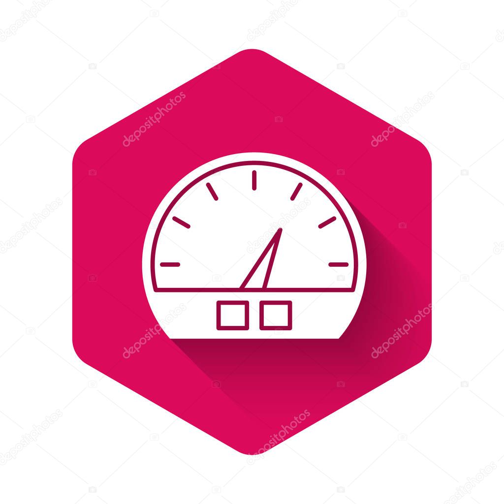 White Speedometer icon isolated with long shadow. Pink hexagon button. Vector Illustration