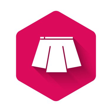 Beyaz etek simgesi uzun gölgeli izole edilmiş. Pembe altıgen düğmesi. Vektör İllüstrasyonu