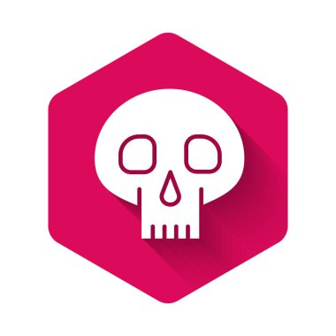 Beyaz Kafatası simgesi uzun gölgelerle izole edilmiş. Pembe altıgen düğmesi. Vektör İllüstrasyonu