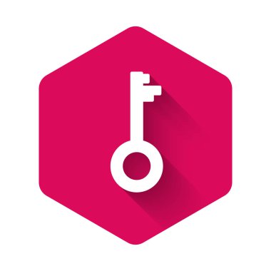 Uzun gölgeli beyaz eski anahtar simgesi. Pembe altıgen düğmesi. Vektör İllüstrasyonu