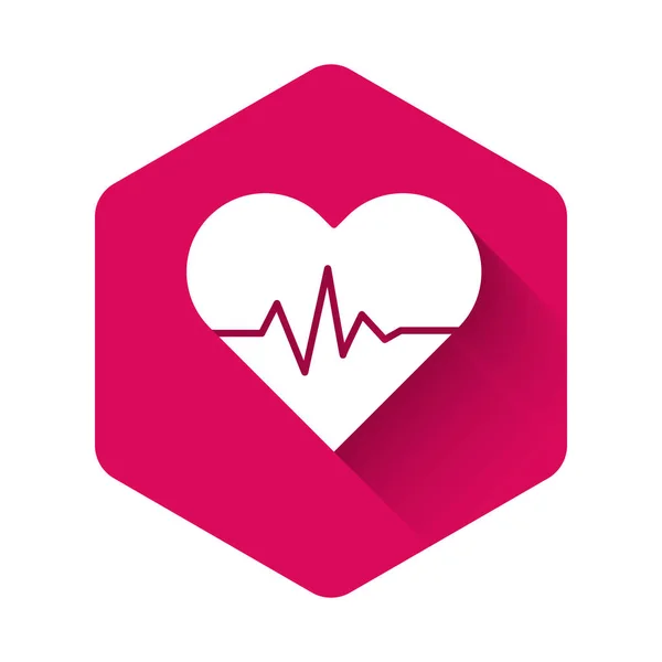 White Heart rate icon isolated with long shadow. Heartbeat sign. Heart pulse icon. Cardiogram icon. Pink hexagon button. Vector Illustration — Stock Vector