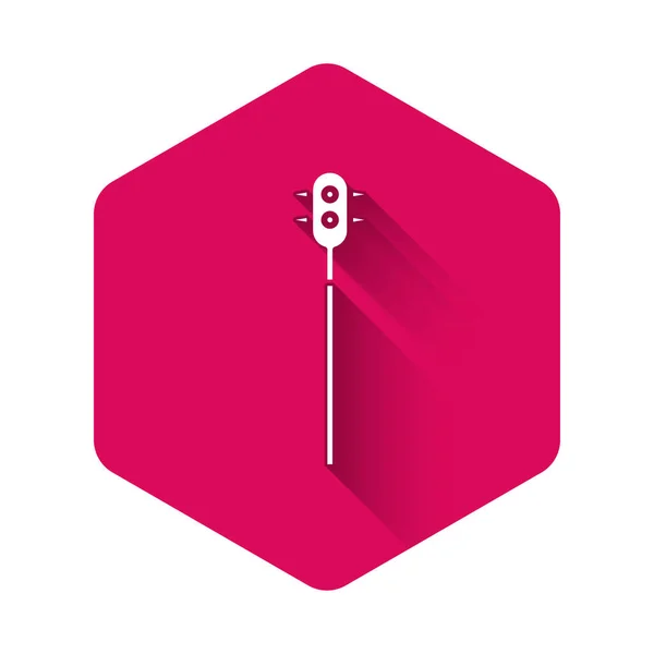 White Medieval chained mace ball icon isolated with long shadow. Medieval weapon. Pink hexagon button. Vector Illustration — 스톡 벡터