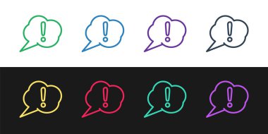 Konuşma baloncuğu ve Ünlem simgesini siyah ve beyaz arkaplanda izole et. Faq işareti. Dosyaları kopyala, konuşma balonu ve grafiğini çıkar. Vektör İllüstrasyonu