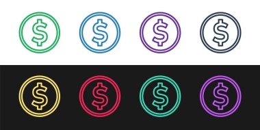 Siyah ve beyaz arkaplanda dolar sembolü simgesi olan çizgi parası belirleyin. Bankacılık işareti. Para sembolü. Vektör İllüstrasyonu