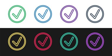 Siyah ve beyaz arkaplanda izole edilmiş daire simgesinde satır denetimi işaretini ayarla. Seçim düğmesi işareti. İşaretleme sembolü. Vektör İllüstrasyonu