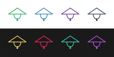 Siyah beyaz arkaplanda Asya konik şapka simgesini ayır. Çin konik hasır şapkası. Vektör İllüstrasyonu